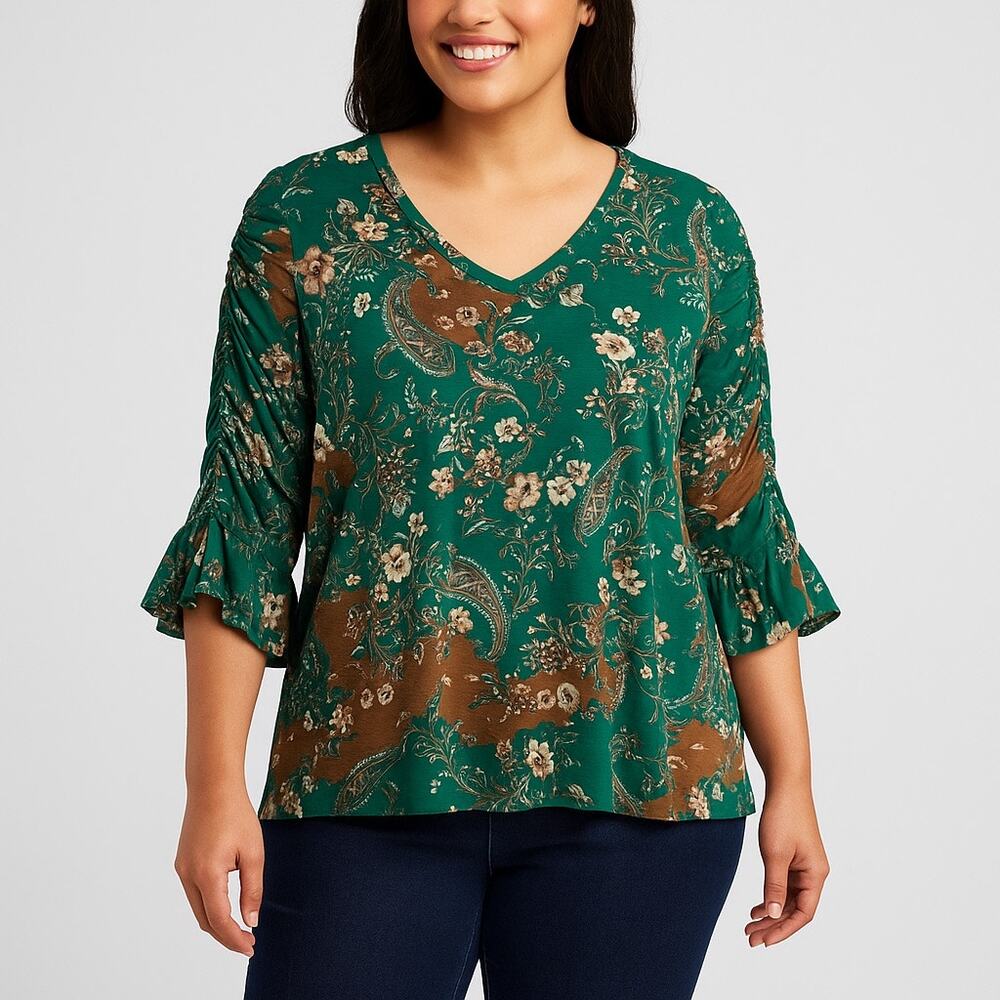 NWT Womens Y2K Ruched Sleeve V Neck Bell Sleeve Top Size 18/20W Green Flattering